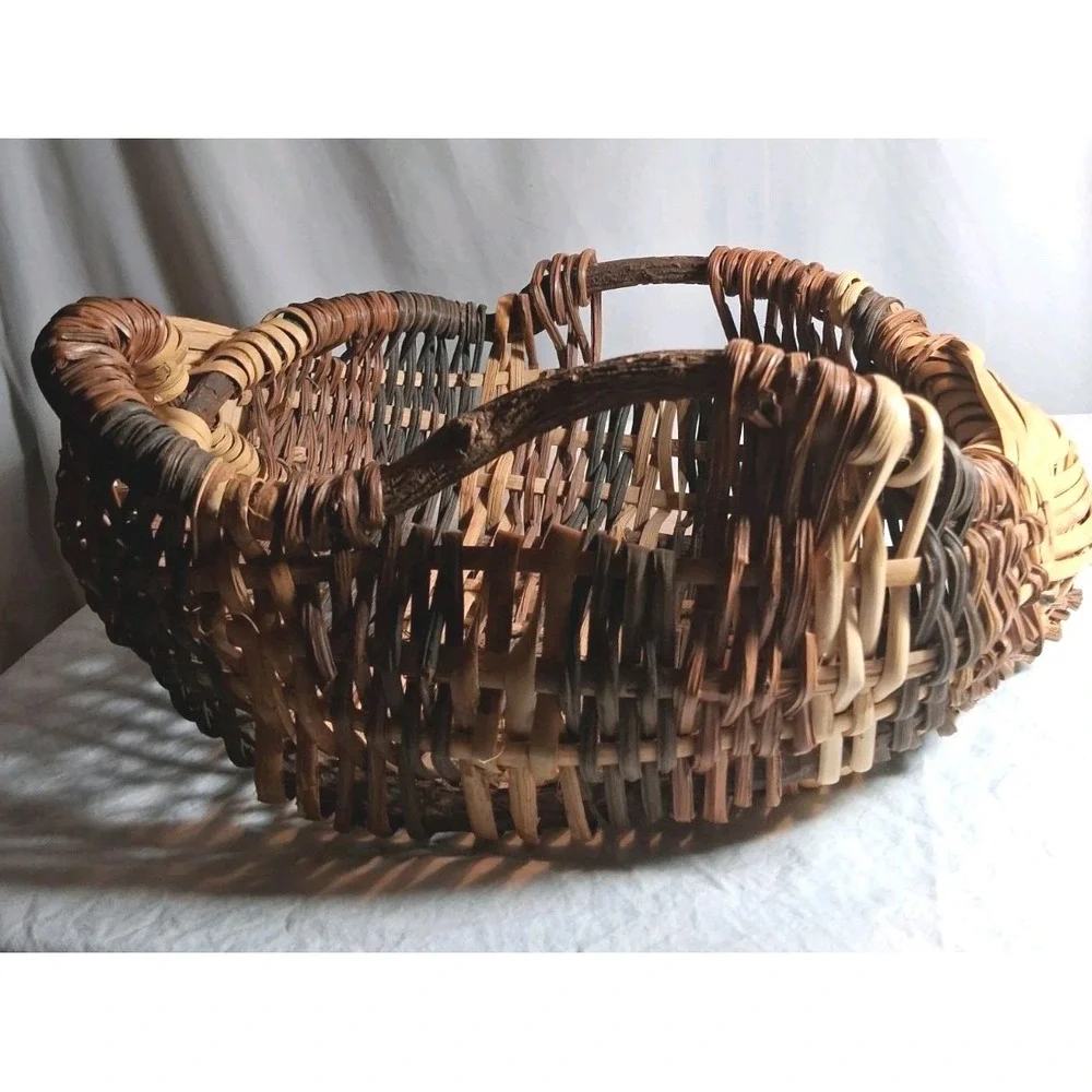 Rustic Hand Woven Gathering Basket‎ Natural Branch Handles Multi Tonal Brown Tan